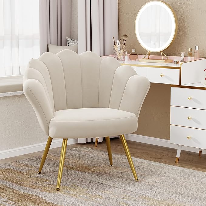 Alunaune Mid Century Velvet Living Room Chair Set of 2 Upholstered Vanity Accent for Makeup Room Modern Barrel Arm Guest Leisure Comfy for Bedroom-Ivory