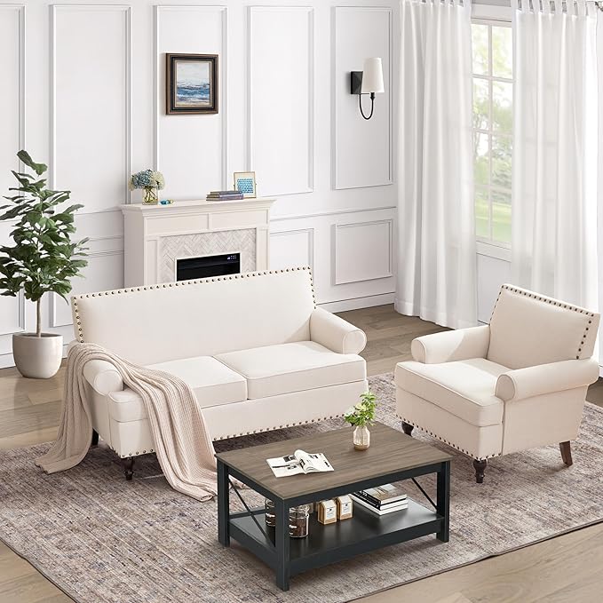 Accent Chair Retro Living Room Chairs with Soft Cushion Mid Century Modern Arm Chair Comfy Upholstered Reading Sofa Chair Beige