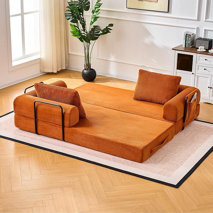 Convertible Sleeper Sofa Bed 78.7 Folding Floor Sofa Mattress Couch with Pillows Corduroy Futon Boneless Couch Lounge Loveseat with Pull Out Bed Orange