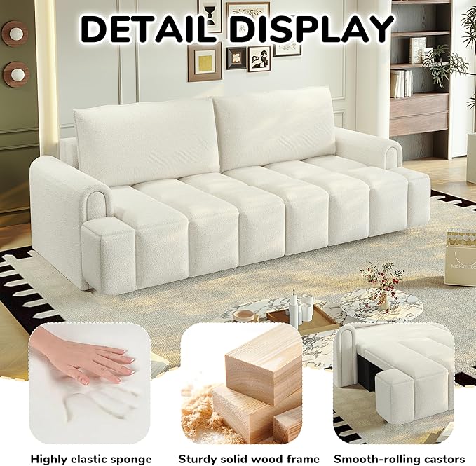 90 Comfy 4-Seater Modern Teddy Sofa with Seats Storage King Size 3-in-1 Convertible Sleeper Sofa Bed for Living Room (White)
