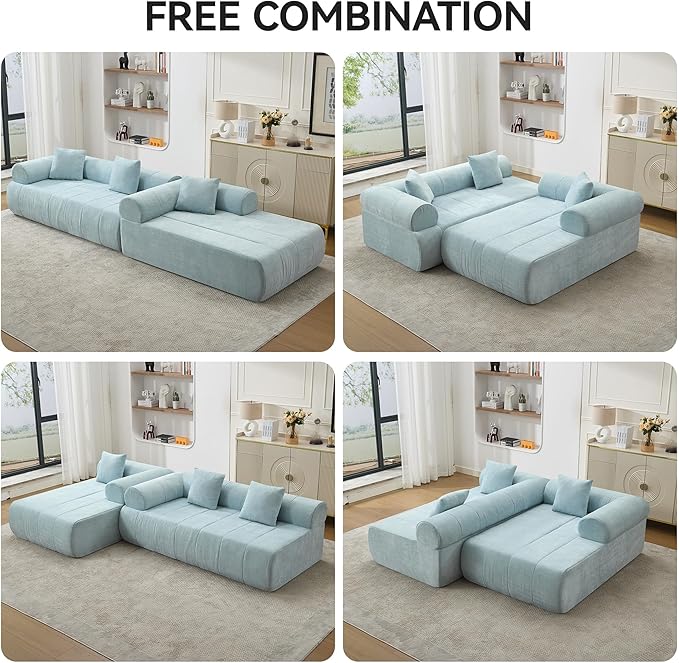 119'' Boneless Curved Sectional Couch Cloud Deep Seat L Shaped Sofa with Right Chaise LoungeModular Compression Couch for Living Room No Assembly Blue