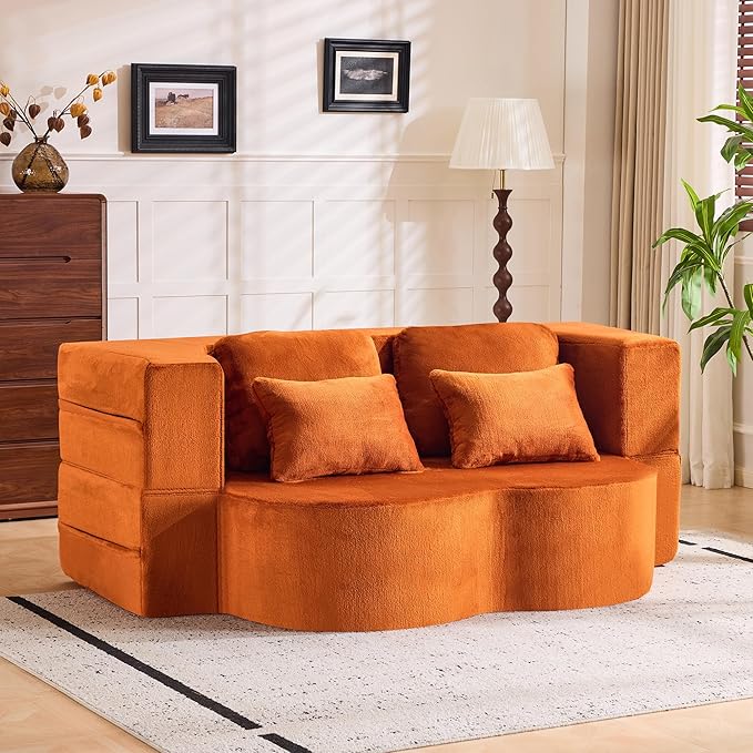 Tai Chi Symbol Loveseat Sofa Curved Yin-Yang Design Dual-Depth Meditation Couch 66.9 Chenille Modular for Small Spaces 300 lbs Capacity (Orange+4 Pillows)