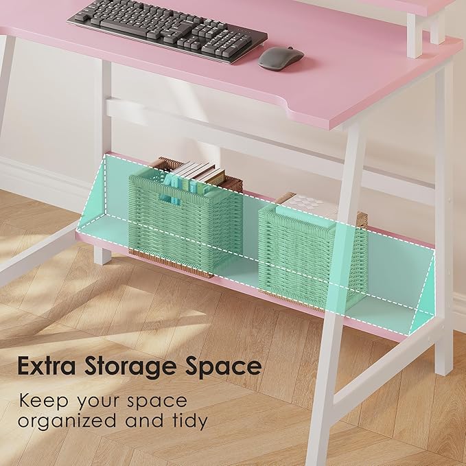 ALISENED 31.5 Inch Small Office Desk with Storage Small Desk for Small Spaces Compact Home Office Desk Mini Study Desk for Bedroom Pink