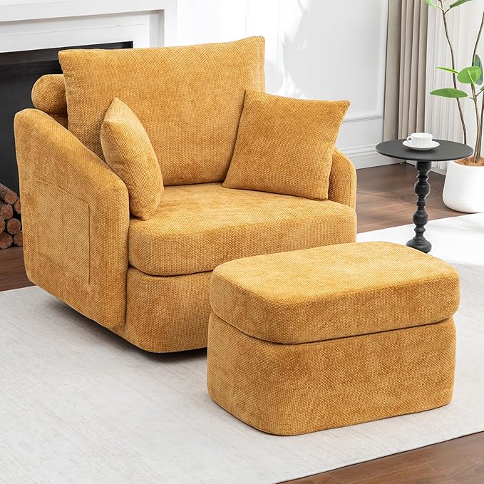 39''W Oversized Accent Chair with OttomanComfy Swivel Lounge Reading Chairs for Living RoomBedroom (Chenille Orange)