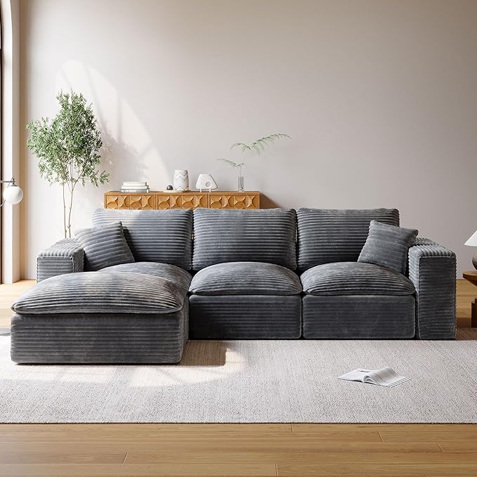 108 Cloud Sectional Couch with L-Shape Chaise Upholstered Couches for Living Room Bedroom Modern Modular Sofa with Deep Seat No Assembly Required Ottoman Movable (Grey)