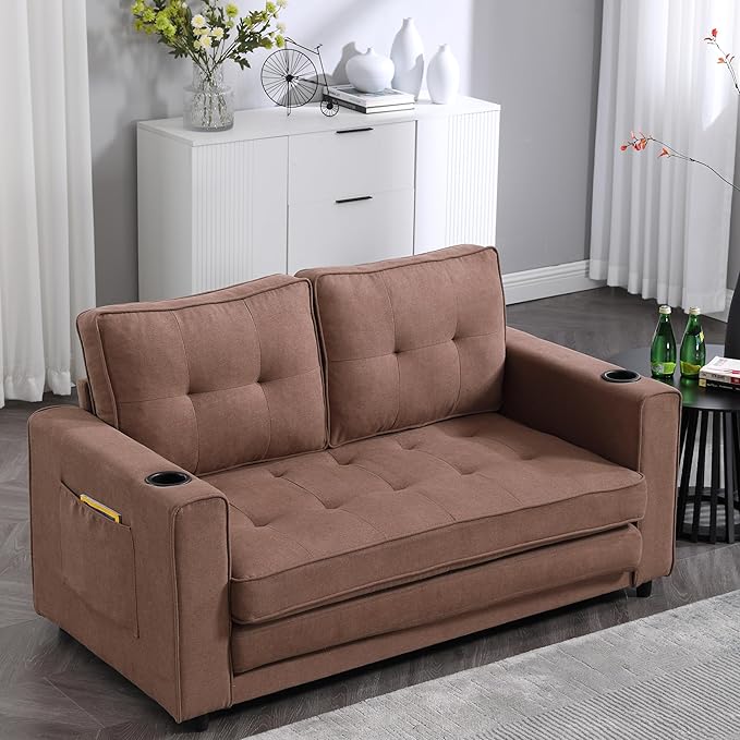 Futon Sofa Bed Convertible Folding Futon Breathable Small Couch Adjustable Pull Out Chaise Lounge for Compact Living Studio in Living Room and Bedroom Offices Loveseat (Brown)