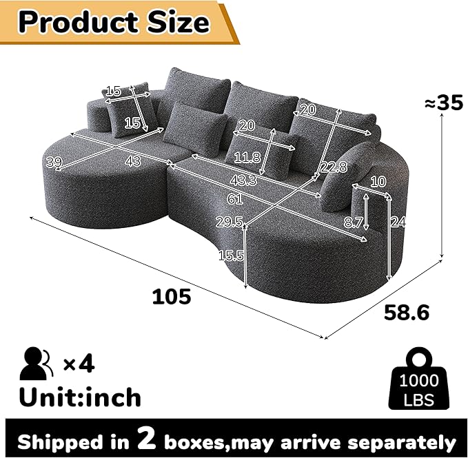 105 Boneless Chenille Upholstered Oversized Sofa Sectional 4-Seater 29.8 Deep Seat Curved Cloud Couch with 7 Pillows Free Combination Sofa Couch for Living Room (Grey 105 Left Lounge)