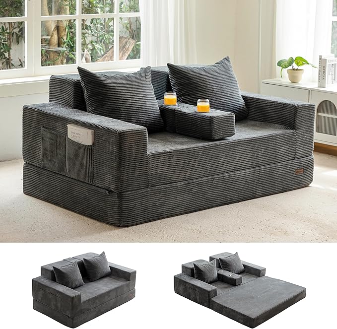 MAXYOYO Loveseat Sofa Bed 64 Foldable Floor Sofa Couch in A Box with 2 Cup Holders 4 in 1 Convertible Boneless Couch Folding Recliner Sleeper Chair for Living Room No Assembly Required Dark Grey