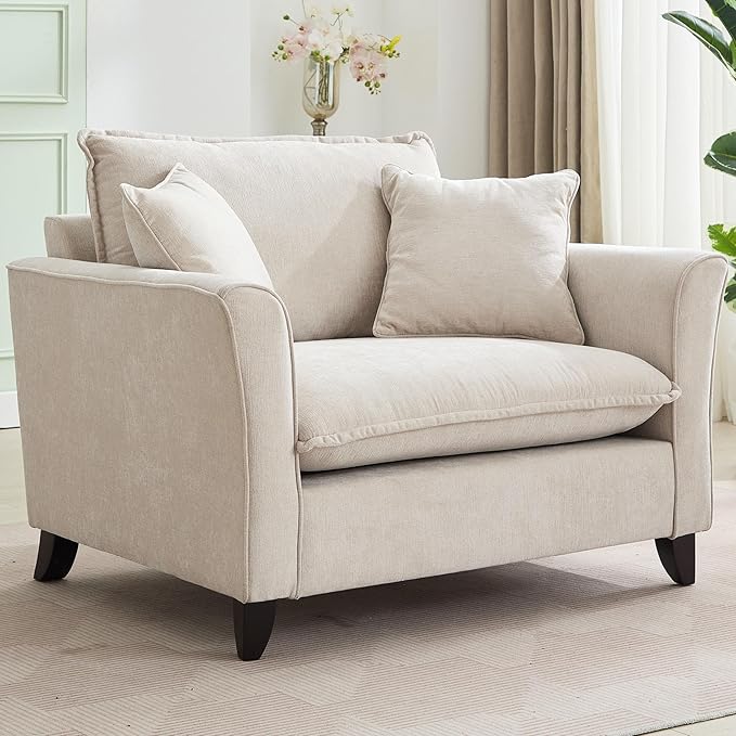 46.30 Oversized Armchair Chenille Fabric Comfy Chair and a Half Single Sofa with Pillow for Living Room Bedroom Office Apartment Cream Color