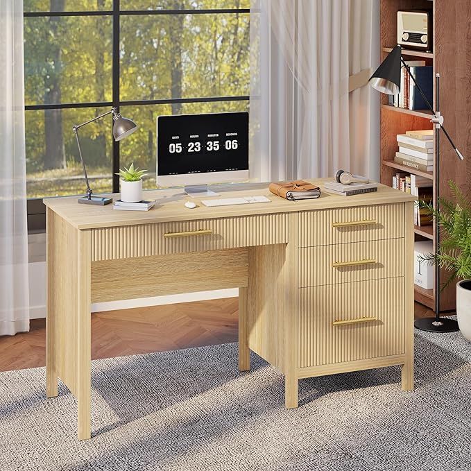 Executive Desk with Drawers: 54 Oak Desk with File Cabinet Home Office Desks with Storage Modern Desks with File Drawer Fluted Wood Computer Table (54) (Oak 54)