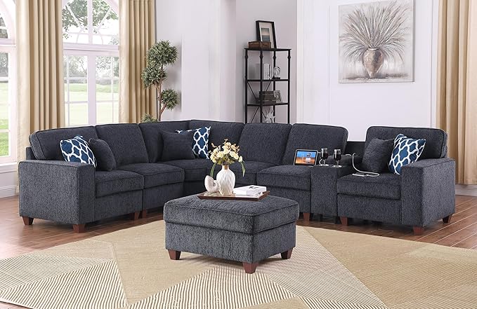 127 L-Shaped Sectional Couch with Movable Ottoman&amp6 Throw Pillows7 Seat Chenille Upholstered Sofa W/2 Cup HolderUSB Port&ampHidden Storage BoxDIY Combinationfor Living RoomApartmentDark Gr