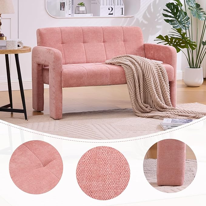 47'' Modern Loveseat Comfortable Small Couch for Two with Chenille Fabric Minimalist Accent Chair for Bedroom Office Entryway Dorm (Pink)