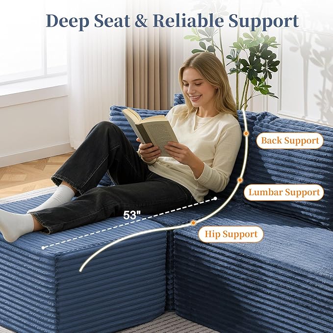 80 Cloud Modular Sectional Sofa with L-Shaped Boneless Couches for Living Room Fluffy Comfy Corduroy Deep Seat with Ottoman Bedroom Apartment No Assembly Required