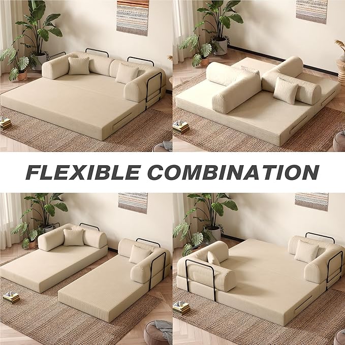 79'' Folding Sofa Bed 5-in-1 Convertible Sofa Bed BonelessComfy Foldable Foam Couch with Pillow Modular Floor Couch for Living RoomBedroomLounge - Corduroy Beige