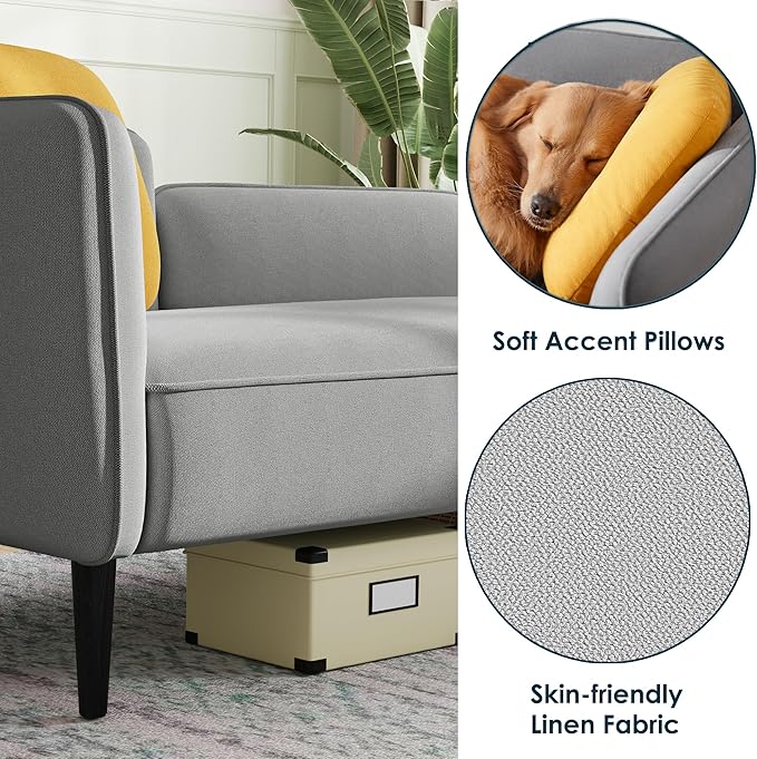 2 Seater Couch Small Love Seat Couches for Small Spaces Bedroom Living Room 57 Mini Sofa Apartment Size Couch Linen Retro Loveseat with Pillow and Removable Tray (Gray Right)