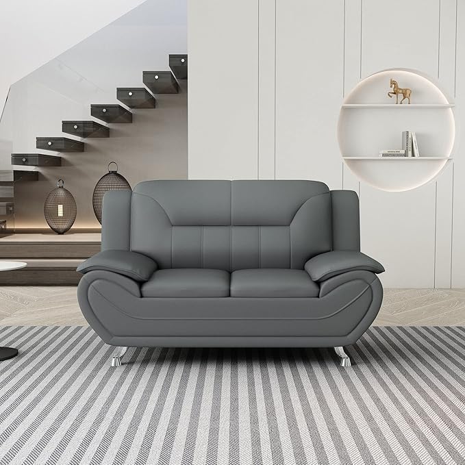 Michael Modern Faux Leather Upholstered Stainless Steel Legs Living Room Loveseat Gray