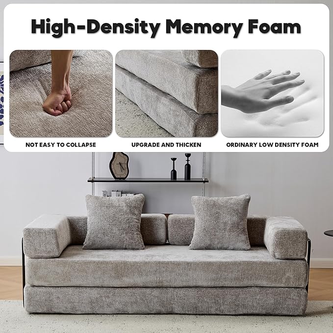 Convertible Sleeper Sofa Bed with Fixed-Shape Frame Floor Sofa Lounge Couch with Cylindrical Pillow Chenille Folding Mattress Couch for Living Room Bedroom-Stone Grey