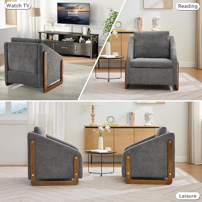 Modern Upholstered Living Room ChairsComfy Chenille Fabric Accent Armchair with Wooden Side FrameSoft Cushion Seat and Backrest Reading Sofa Chair for Bedroom Office (Gray Set of 1)