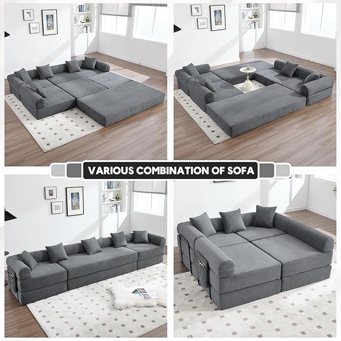 Oversized Modular Cloud Couch for Living Room Corduroy L-Shaped Sectional Sleeper Sofa Bed with Fixed-Shape Frame Modern Boneless Couch with Pillows &amp StorageGrey
