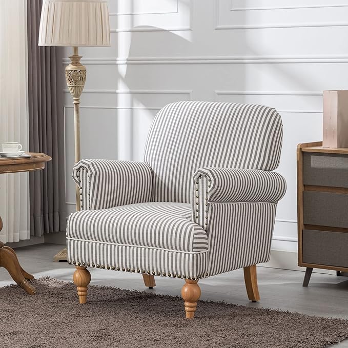 Black Striped Linen Fabric Accent Chair Modern Farmhouse Upholstered Armchair with Nailhead Trim &amp Ball Turned Wood Legs Cottage Club Chair for Living Room Bedroom Guest Room