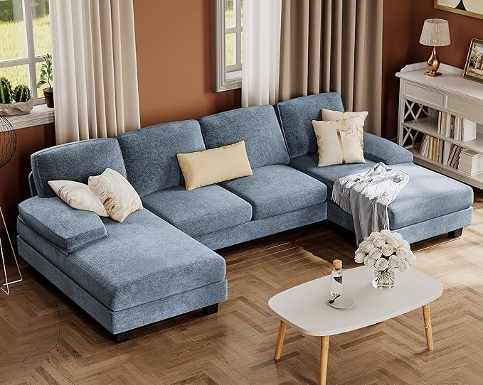 Furmax Sectional Couches for Living Room U-Shaped Sofa Couch with Linen Fabric 4 Seat Sofa Set with Double Chaise for Apartment (Fabric Light Blue)