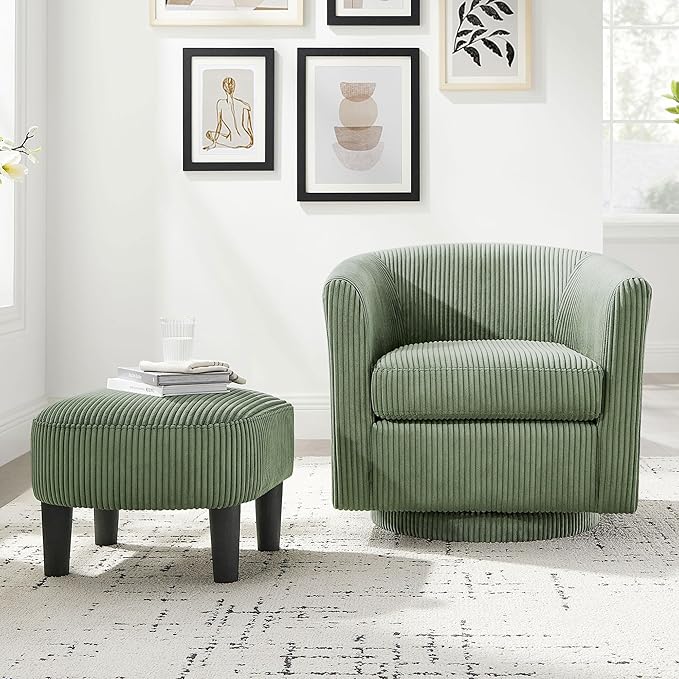 360° Swivel Accent Chair with Ottoman - Comfy Corduroy Recliner Armchair Single Sofa for Living Room &amp Bedroom (Green)