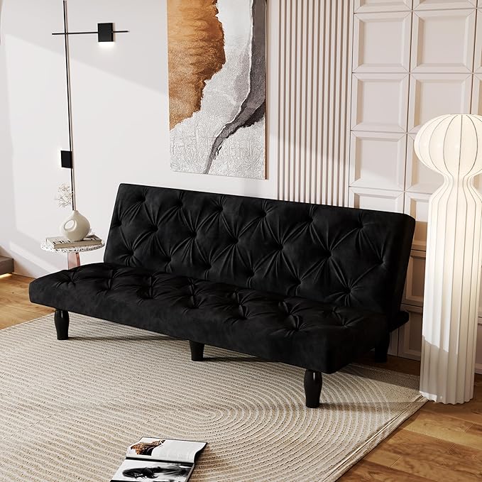 66 Black Velvet Futon Sofa Bed Sturdy Wood Frame &amp High-Elastic Foam 3 Adjustable Gears Multi-Functional for Living Room/Apartment/Bedroom Easy Assembly