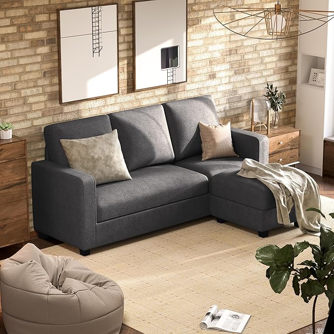 JUMMICO Convertible Sectional Sofa Couch Fabric L-Shaped Sofa with 3 Seats Removable Ottoman Small Sofa for Small Apartments Living Rooms and Offices (Deep Grey)
