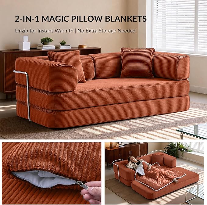 5-in-1 Convertible Sofa Bed Boneless Floor Couch Queen Size with Magic Pillow Blankets Zero-Assembly Sleeper Futon for Apartments Renters &amp Micro-Living Spaces Orange