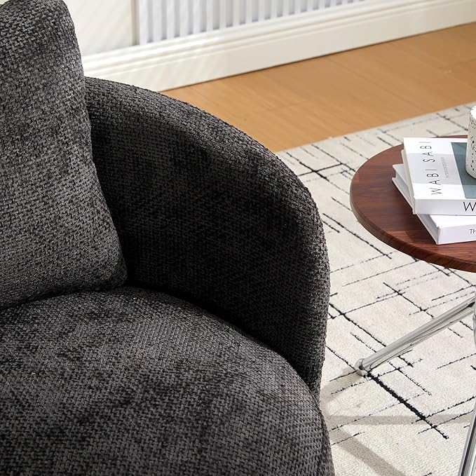 30 Modern Round Chenille Barrel Accent Chair 360° Swivel Ergonomic Comfy Upholstered with Pillow for Living Room Bedroom Reading Room Balcony Lounge Dark Gray