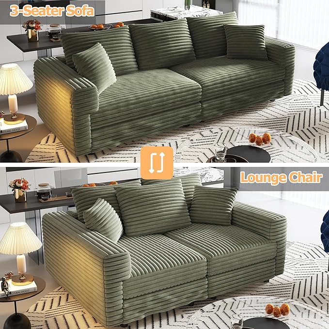 Cloud L Shaped Couch Modular Sectional Sofa 3 Seater Corduroy Cloud Sofa Couch with Ottoman 82.7'' Oversized Chaise Lounge Sleeper Sofas Deep Seat Sectional Couches for Living Room Green