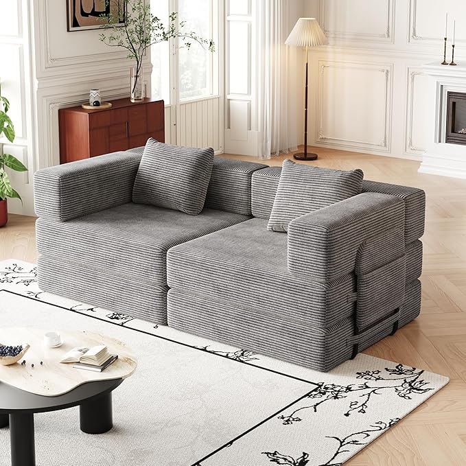 KEIKI 72.4'' Convertible Sofa Bed 2 Seat Corduroy Fabric Sofa with Two Side Storage Pockets and Two Cushions Comfortable Folding Sleeper Carpeted Couch for Living Room Bedroom and Study Grey