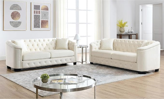 2 Piece Modern Chesterfield Velvet 77 3-Seater Sofa SetUpholstered Tufted Backrests with Nailhead Arms and 4 Cushions for Living Room Bedroom ApartmentBeige