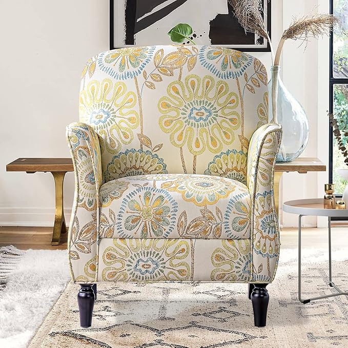 Wingback Chair Floral Club Chair Accent Living Room Chairs Fabric Pattern Retro Casual Recessed Armchair Accent Chairs Tufted Single Sofa Chair(Beige+Yellow + Fabric)