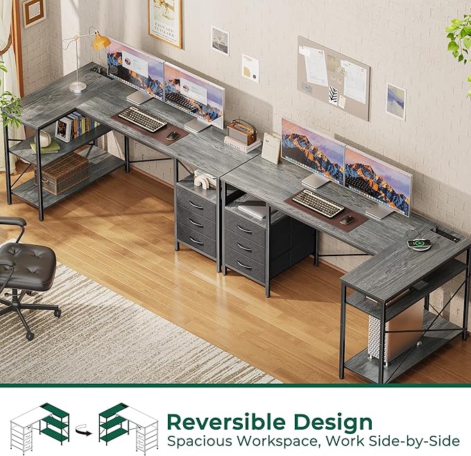 Huuger L Shaped Office Desk with Power Outlets 55 Inch Computer Desk with 3 Drawers Shelves Reverisble for Gaming Corner Work Home Office Study Grey