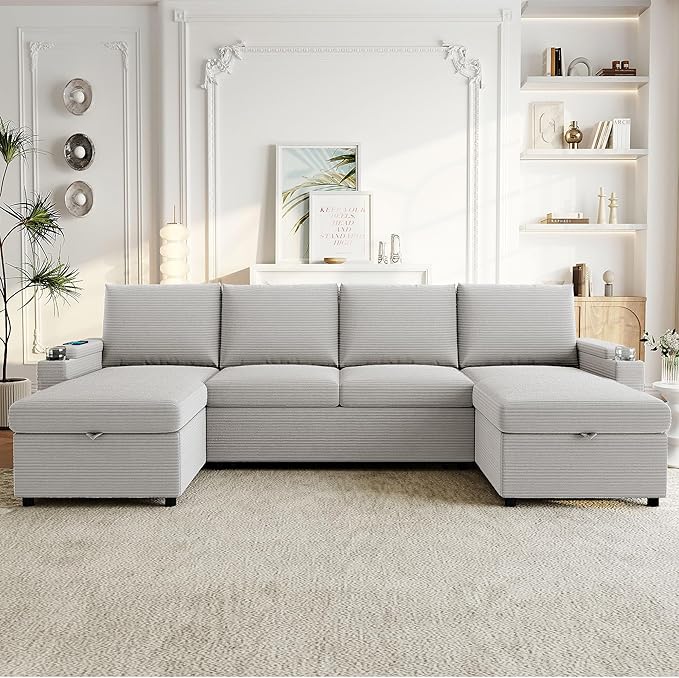 109.5 Sectional Sofa Convertible Pull-Out Sofa Bed with 2 Storage Chaise Lounges and Cup Holders Chenille Fabric U-Shaped Couch with Storage Boxes &amp USB Ports for Living Room (Grey-9.19)