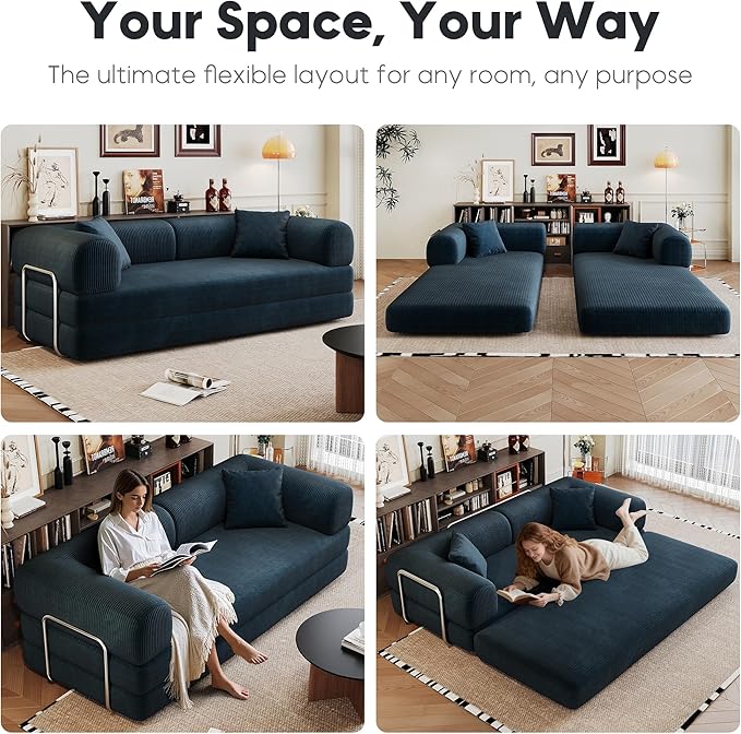 79 Convertible Sleeper Sofa Bed Modern Corduroy Floor Couch Bed with Silver Fixed-Shape Frame Modular Sofa with Pull Out Bed Loveseat Sleeper Boneless Couch for Living RoomBlue
