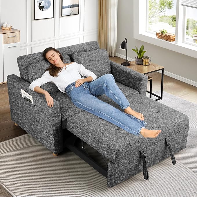 SEJOV Sleeper Sofa 3-in-1 Convertible Pull Out Couch Bed Futon Sofa Linen Fabric Loveseat with 2 Pillows and Adjustable Backrest Chaise Lounge for Small Spaces Apartment Dorm Office Black
