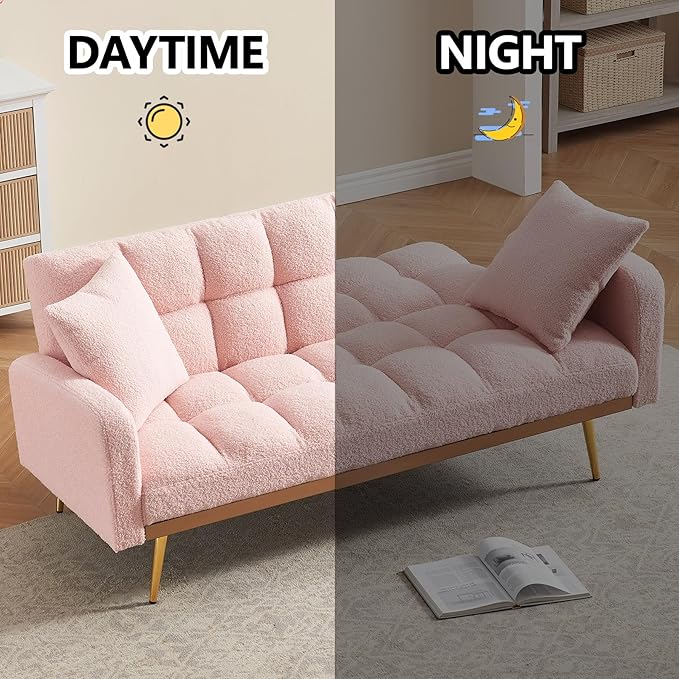 Comfy Futon Sofa Bed with 2 Pillows Pink Futon Couch Bed with Gold Legs Small Convertible Sofa Bed Couch for Living Room Modern Loveseat for Bedroom Curved Arms Plush Tufted-ShapedTeddy (Pink)