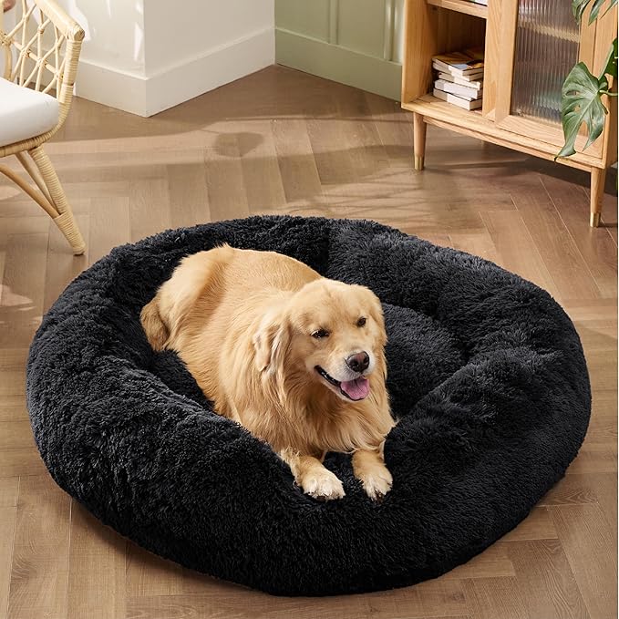 Bedsure Calming Dog Bed for Extra Large Dogs - Donut Washable Large Pet Bed 45 inches Anti-Slip Round Fluffy Plush Faux Fur Dog Bed Fits up to 120 lbs Pets Black