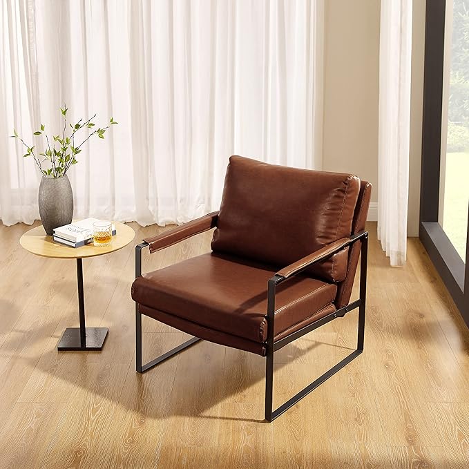 Zouron PU Leather Accent Chair for Bedroom Living Room Chairs Modern Contemporary Upholstered Armchair with Metal Frame for Living Room Office Reception Area Set of 2 Red Brown