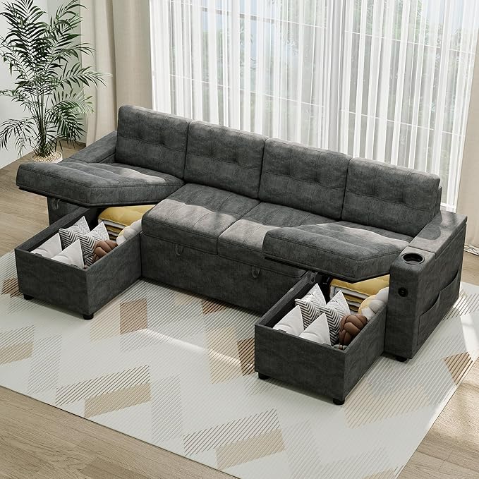 IDEALHOUSE U-Shaped Couches for Living Room Sofa Bed for Living Room with Reversible Storage Chaises and Hidden Storage Armrests Cup Holders and USB Charging Ports Included Dark Grey