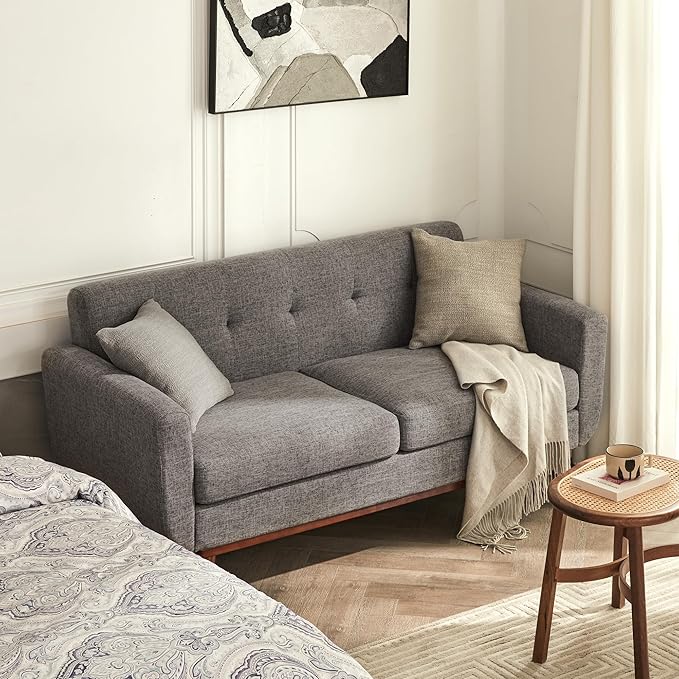 Kingfun Loveseat and Sofa Sets Mid Century Modern Linen Love Seat Couches for Living Room Button Tufted Upholstered Furniture Easy to Install Small Couch for Bedroom Office Apartment Grey