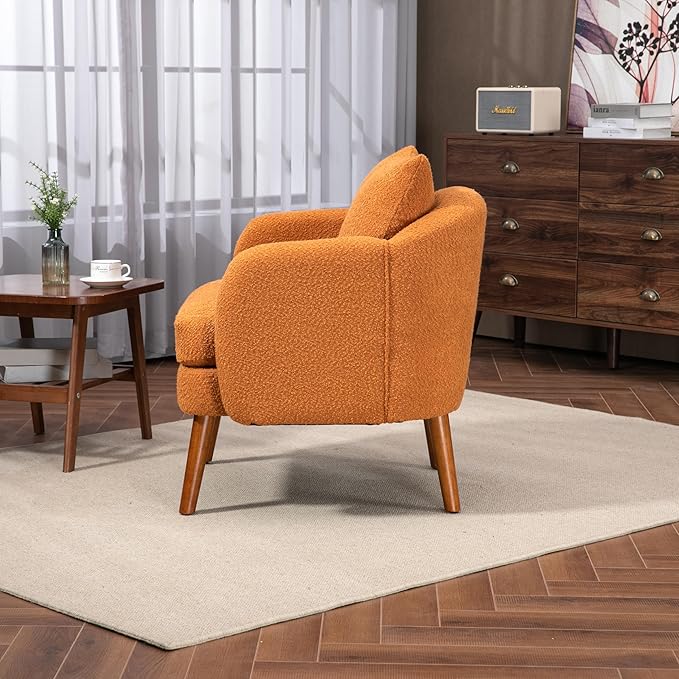 Mid Century Lounge Armchair with Boucle Fabric Solid Wood Legs and Comfortable Cushions Ideal for Bedroom and Living Room Reading and Relaxing (Orange)