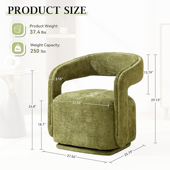 KEIKI Swivel Accent Chair Modern Barrel Chair for Lounge/Balcony 360° Rotation Ergonomic Design Easy Assembly Comfy Chenille Fabric