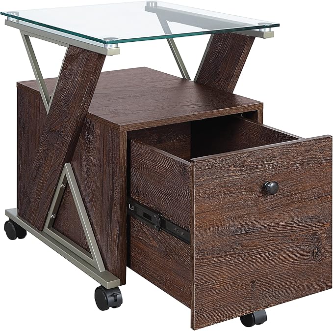 OSP Home Furnishings Zenos Mobile Rolling File Cabinet with Tempered Glass Top Traditional Cherry