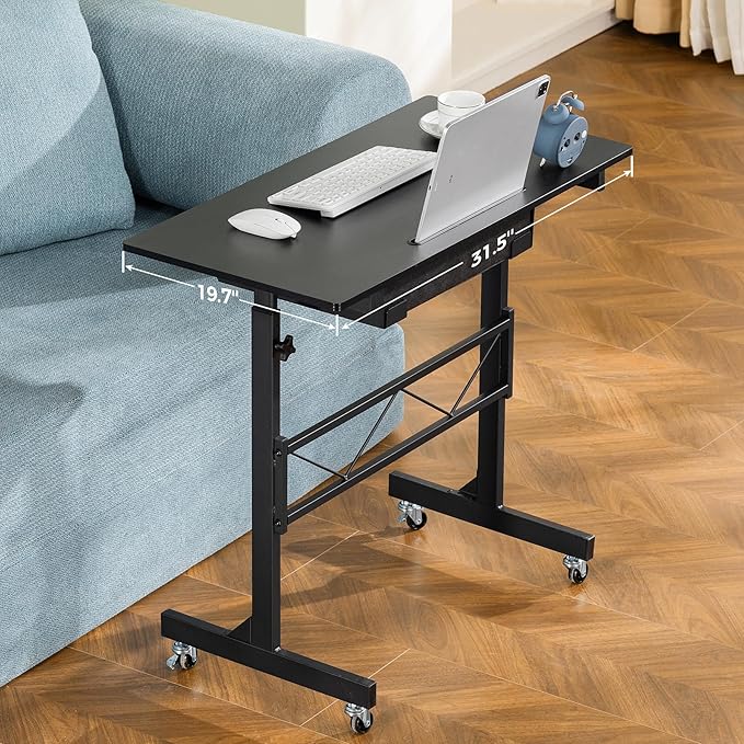 GTPLAYER Small Mobile Standing Desk 32In Wide Adjustable Height Stand Up Desk for Home Office Portable Sit Stand Rolling Computer Desk with Wheels Storage Drawer and Slot Carbon Fiber Style Black