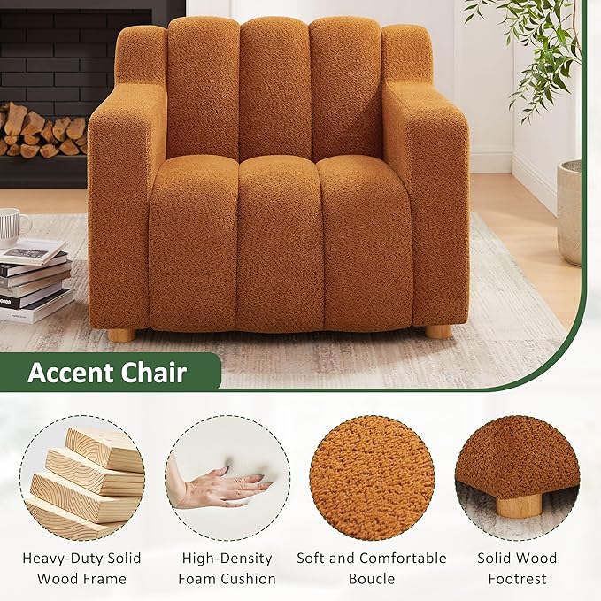 VANOMi Oversized Accent Chair Modern Living Room Chairs Comfy Boucle Fabric Upholstered Armchair for Bedroom Office Waiting Room (Curry)