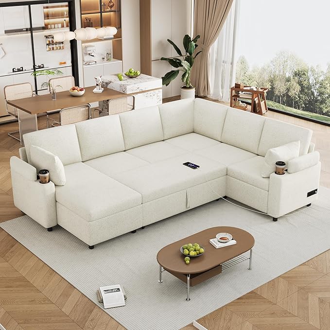 109.9 Modern Sectional Sofa Pull-Out Sofa Bed Sleeper with Storage Ottoman and 2 Cup Holders Chenille Convertible U-Shaped Couch Bed for Living Room (Beige-3.13)