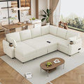109.9 Modern Sectional Sofa Pull-Out Sofa Bed Sleeper with Storage Ottoman and 2 Cup Holders Chenille Convertible U-Shaped Couch Bed for Living Room (Beige-3.13)